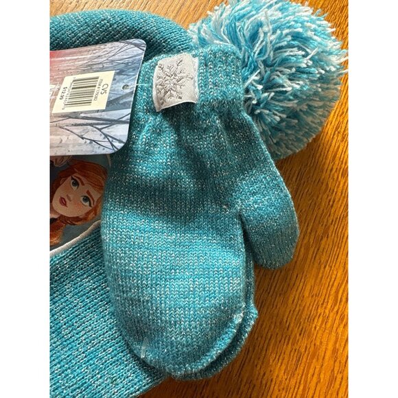 Disney Frozen II Kids Winter Hat & Mittens Set Elsa & Anna Design Teal Ages 4-7 - Picture 4 of 5